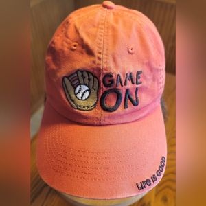 Life Is Good GAME ON Embroidered Distressed Peach Cap Hat Adjustable CLEAN